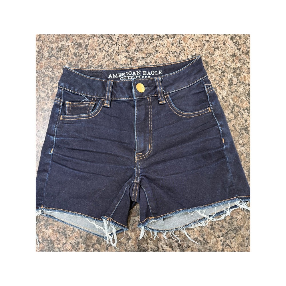 American‎ Eagle Dark Wash High Waisted Raw Hem Denim Shorts Womens Size 0 Indigo